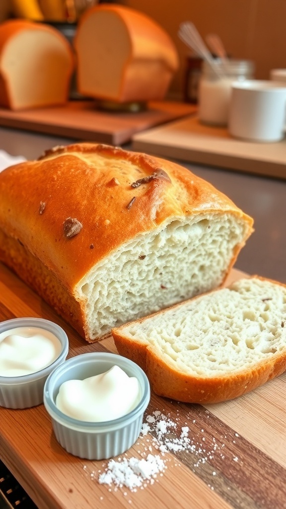Freshly baked no-yeast bread loaf sliced on a cutting board with yogurt and flour in the background.